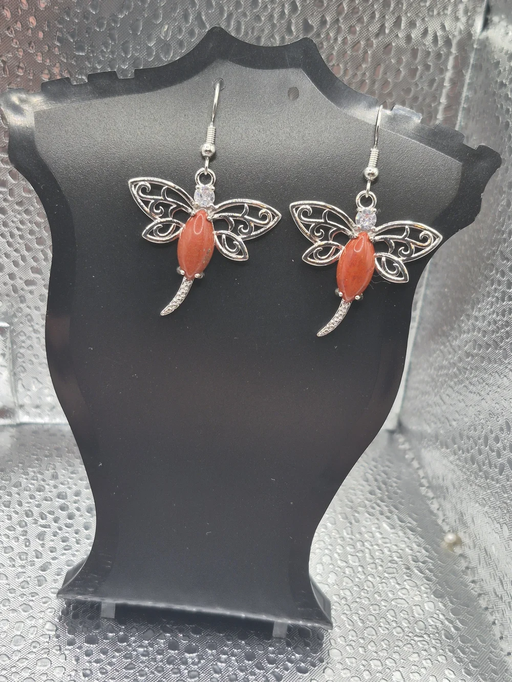 Red Jasper Dragonfly Drop Earrings with Silver Filigree